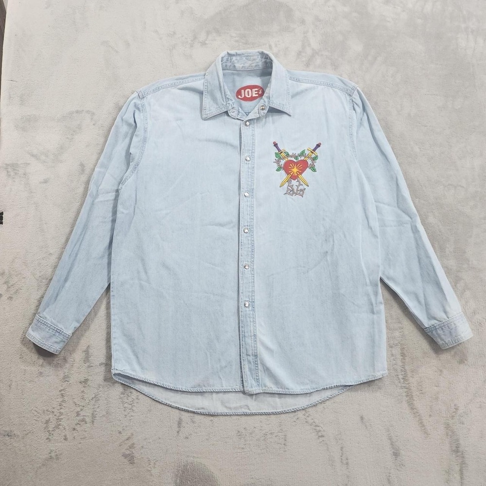 Vintage Joe's Top Womens 1X Blue Denim Embroidered Sacred Heart Sword Religion